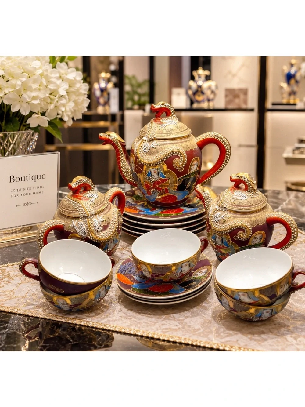 Vintage Hand-Painted Japanese Satsuma Dragonware Tea Set, Moriage & Lithophane